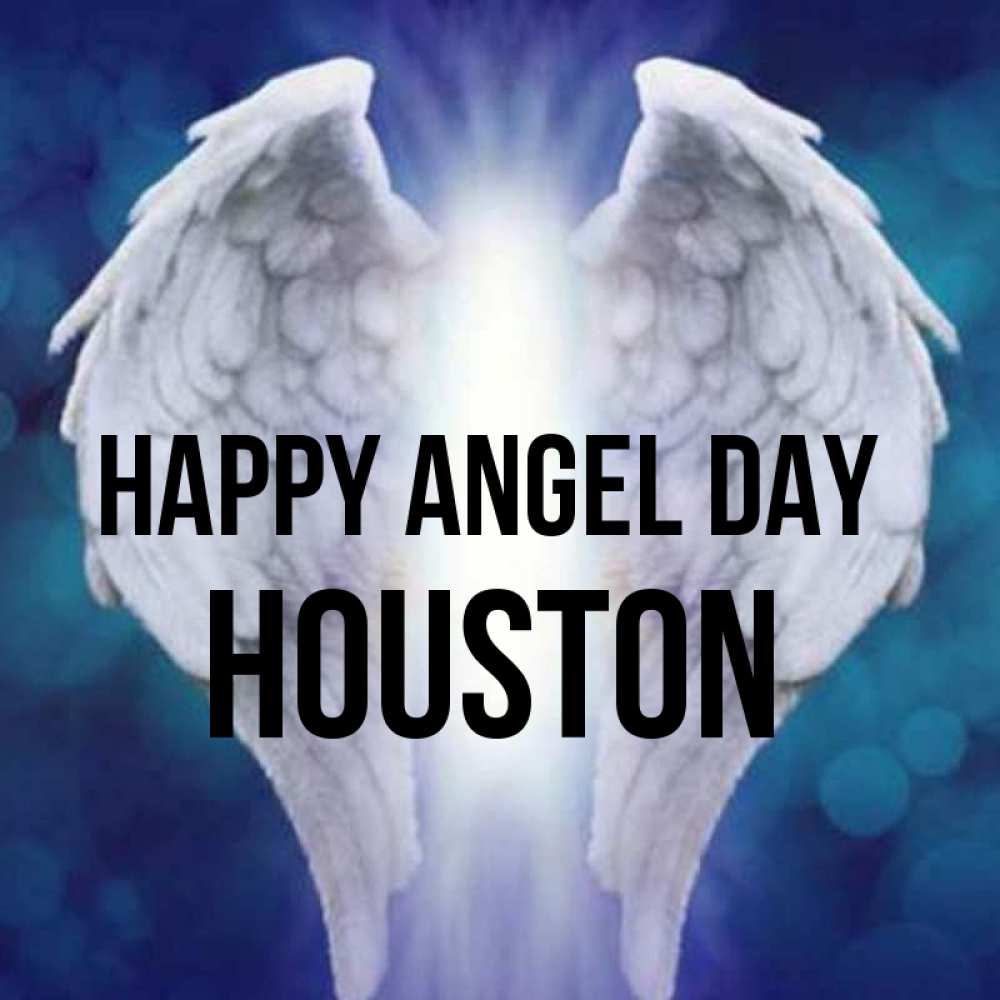 Greetings card с именем, Houston happy angel day синий фон и крылышки Greetings with text for free download 