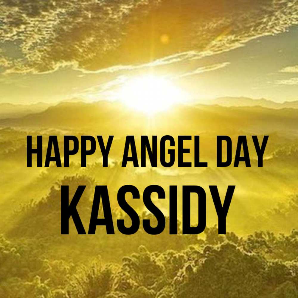 Greetings card с именем, Kassidy happy angel day леса и небо в желтом Greetings with text for free download 