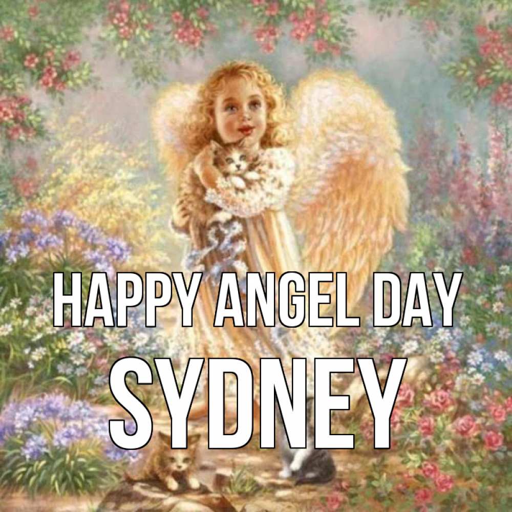 Greetings card с именем, Sydney happy angel day держит котенка Greetings with text for free download 
