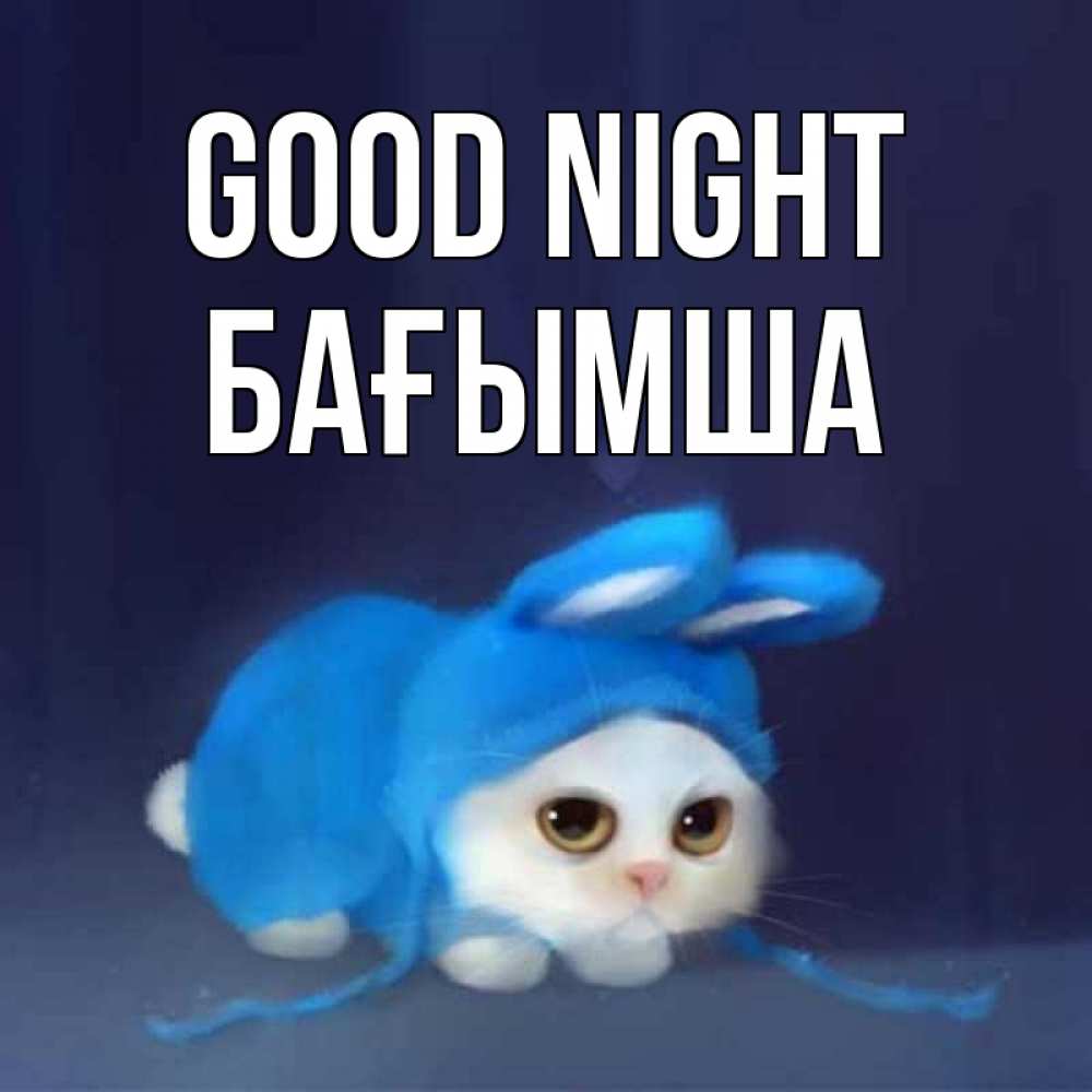Greetings card с именем, БАҒЫМША Good night кот в голубом костюме кролика с ушками Greetings with text for free download 