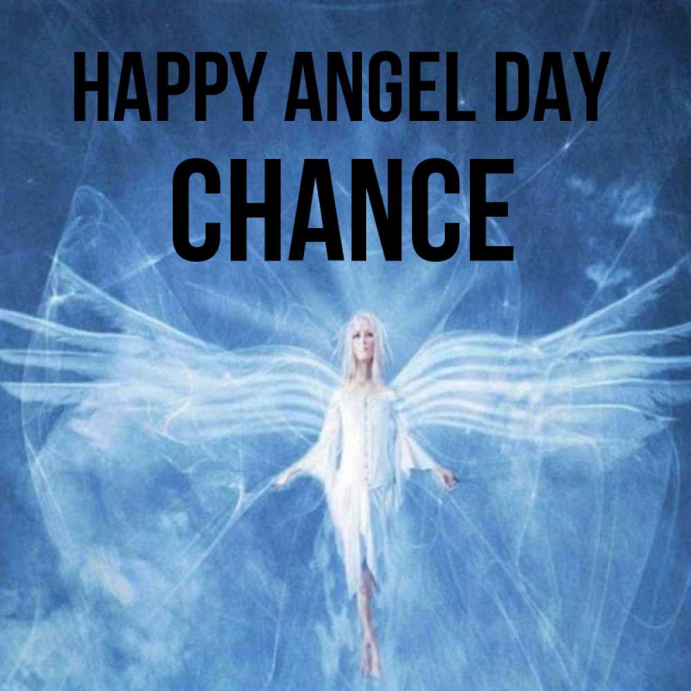 Greetings card с именем, Chance happy angel day голубой фон и крылья как у стрекозы Greetings with text for free download 