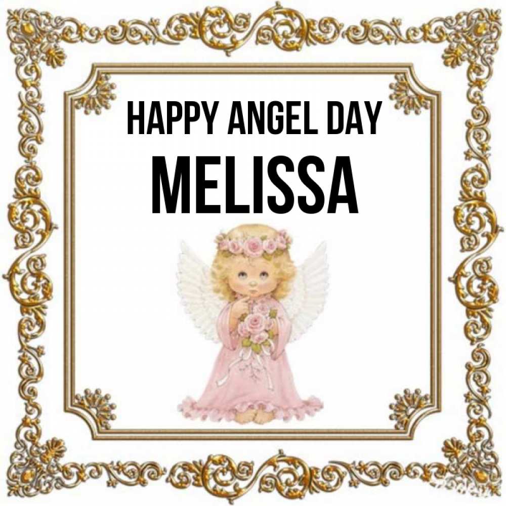 Greetings card с именем, Melissa happy angel day девочка ангел с крыльями и цветами в розовом платье Greetings with text for free download 
