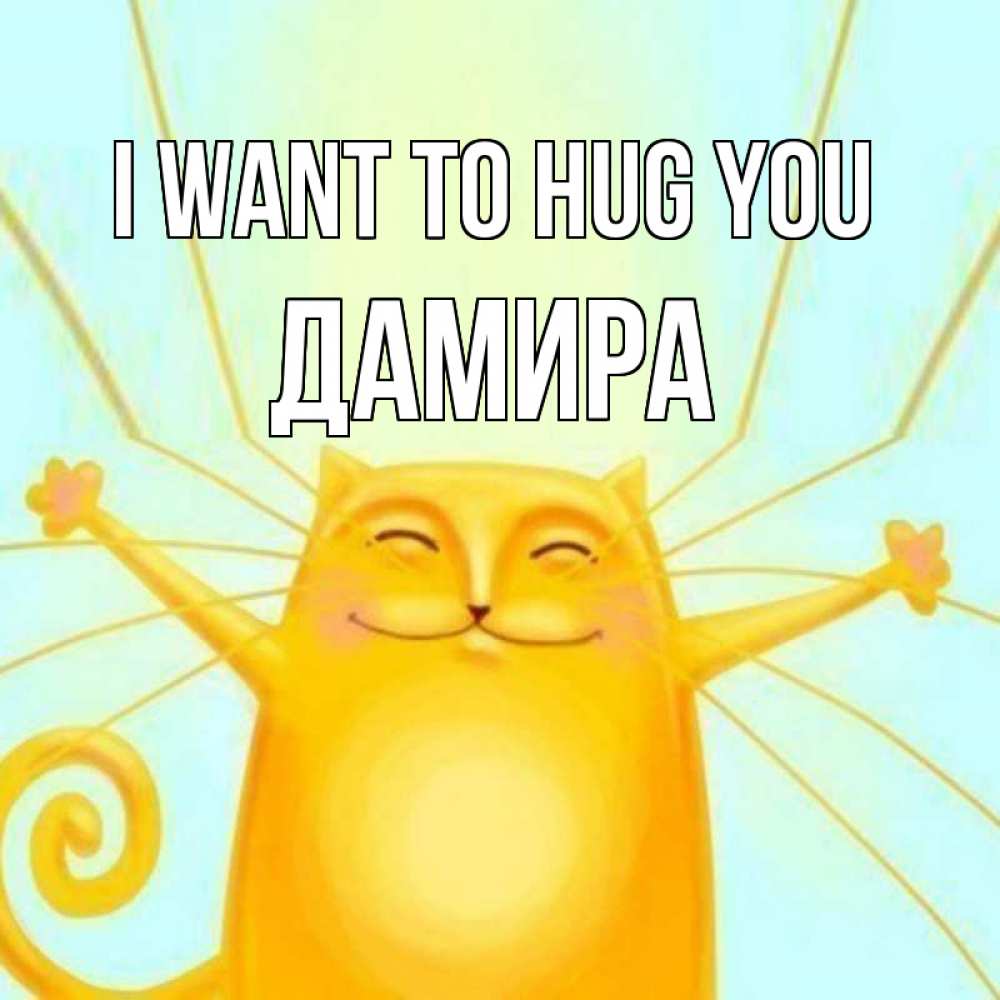 Greetings card с именем, ДАМИРА I want to hug you солнечный обнимашечный кот Greetings with text for free download 
