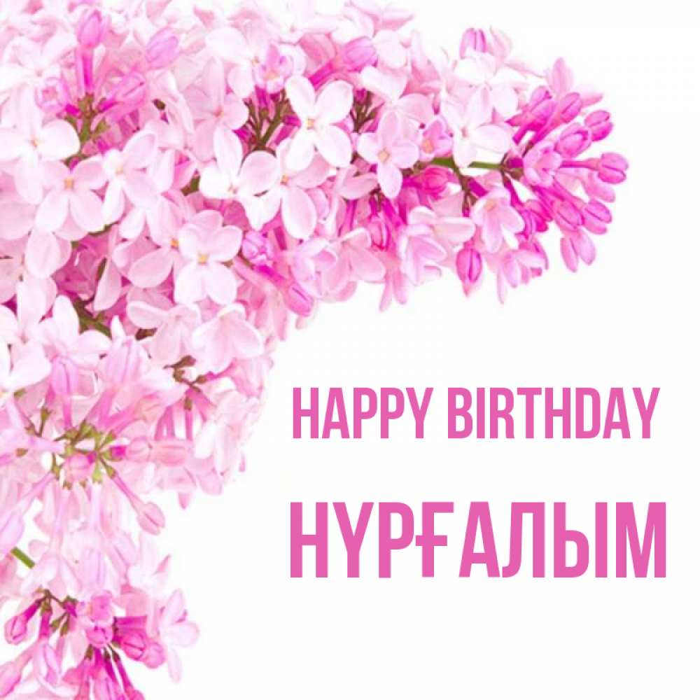 Greetings card с именем, НҮРҒАЛЫМ Happy Birthday Сирень на белом фоне Greetings with text for free download 