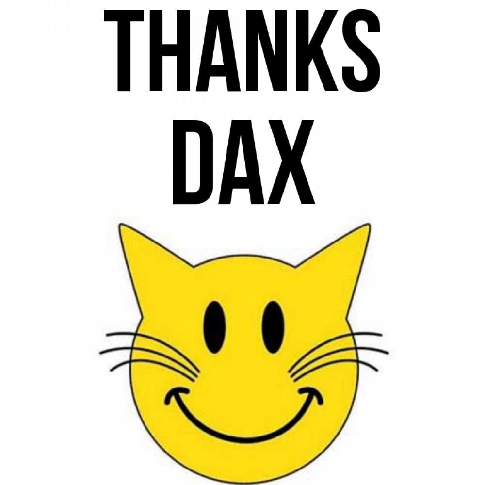 Greetings card с именем, Dax Thanks улыбающийся смайл кот Greetings with text for free download 