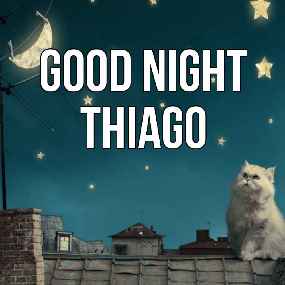Greetings card с именем, Thiago Good night белый кот сидит на крыше Greetings with text for free download 