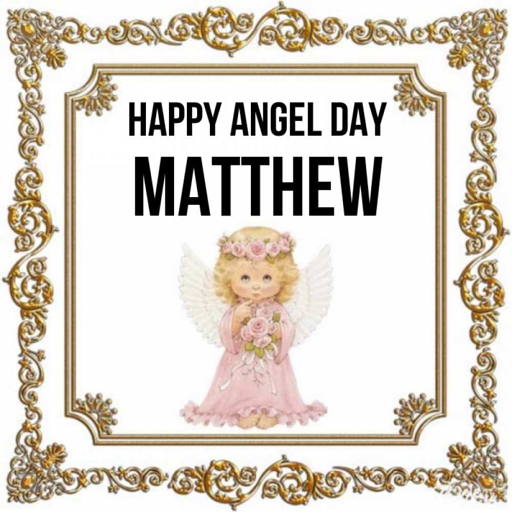 Greetings card с именем, Matthew happy angel day девочка ангел с крыльями и цветами в розовом платье Greetings with text for free download 