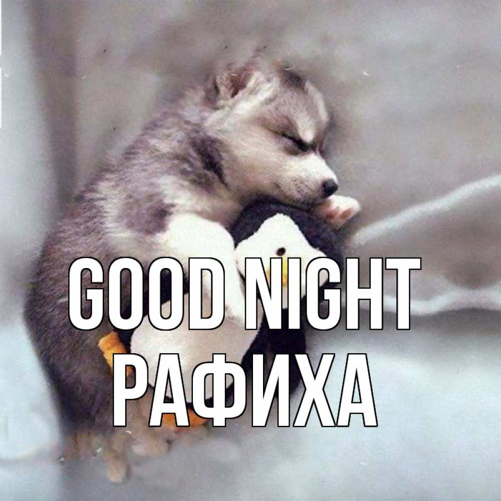 Greetings card с именем, РАФИХА Good night обнимашки щенка и пингвина Greetings with text for free download 