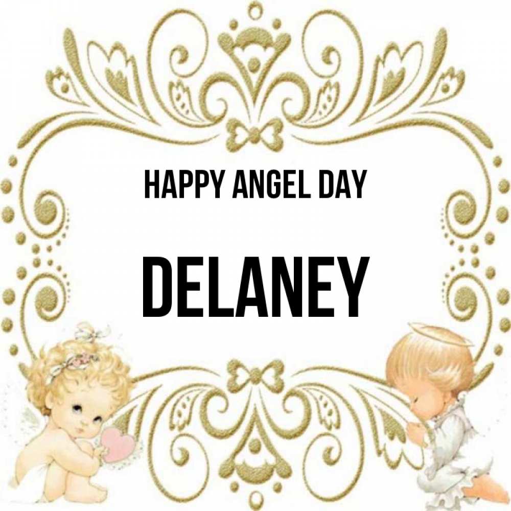 Greetings card с именем, Delaney happy angel day с именинами поздравляют два красивых ангела. Один с сердечком другой молится Greetings with text for free download 