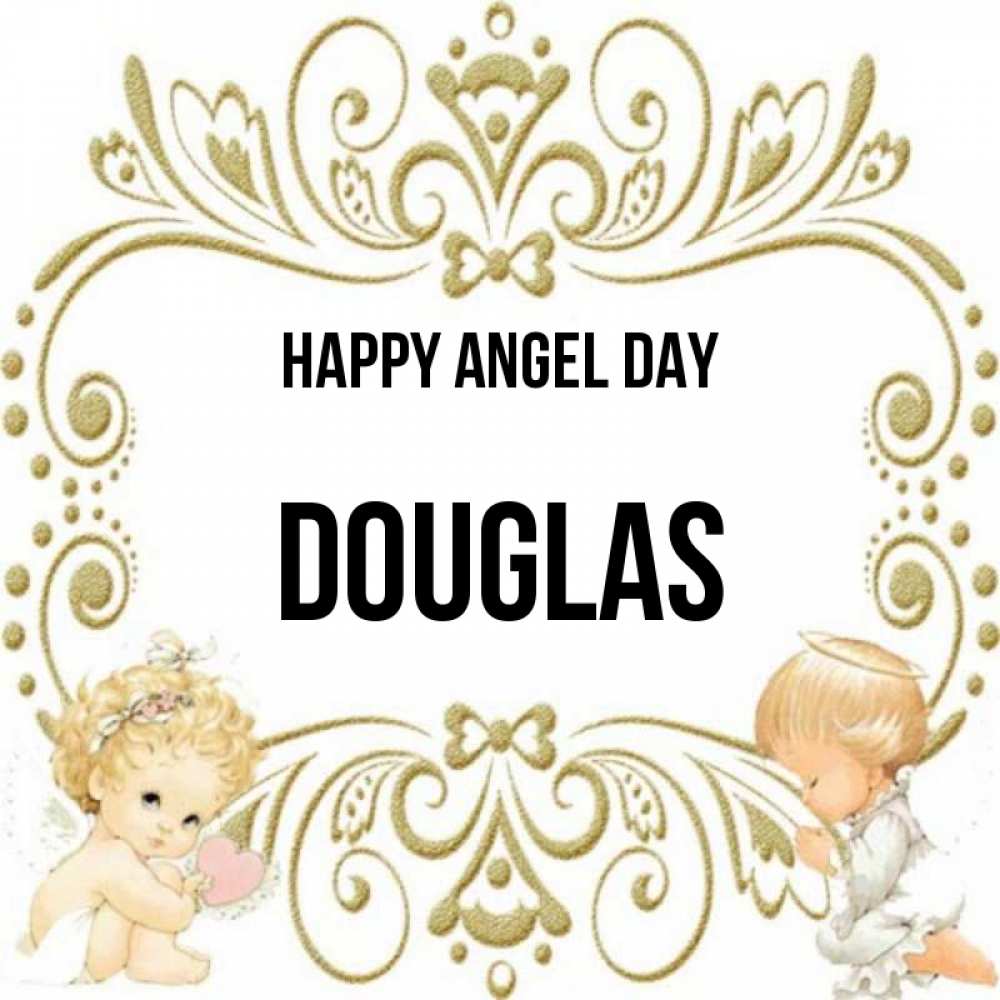 Greetings card с именем, Douglas happy angel day с именинами поздравляют два красивых ангела. Один с сердечком другой молится Greetings with text for free download 