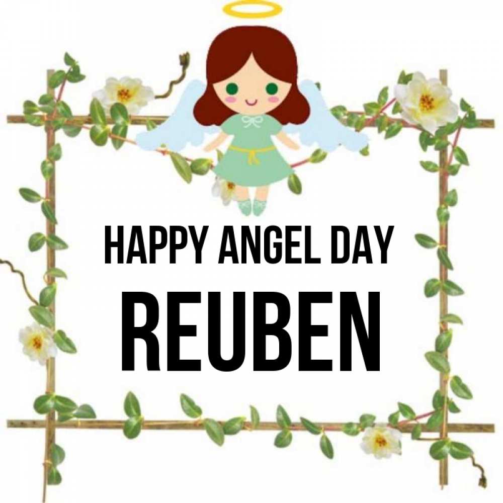 Greetings card с именем, Reuben happy angel day Ангел с нимбом Greetings with text for free download 