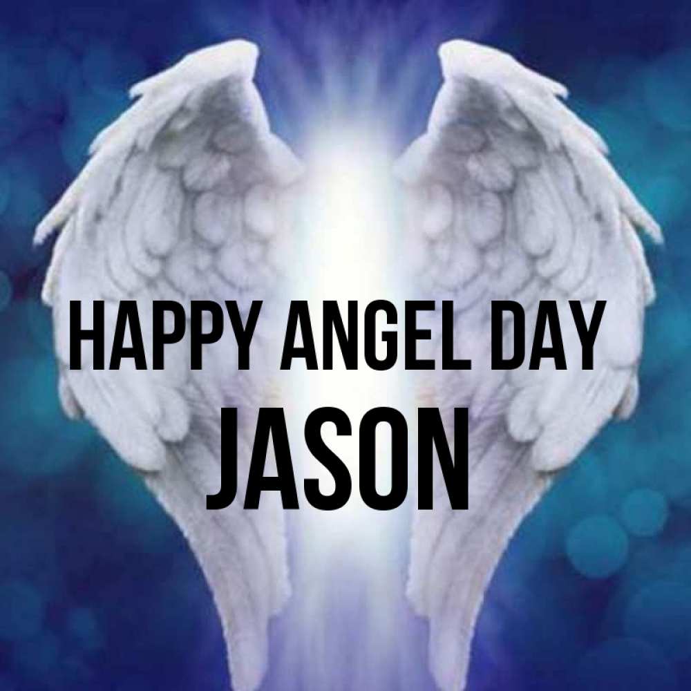 Greetings card с именем, Jason happy angel day синий фон и крылышки Greetings with text for free download 