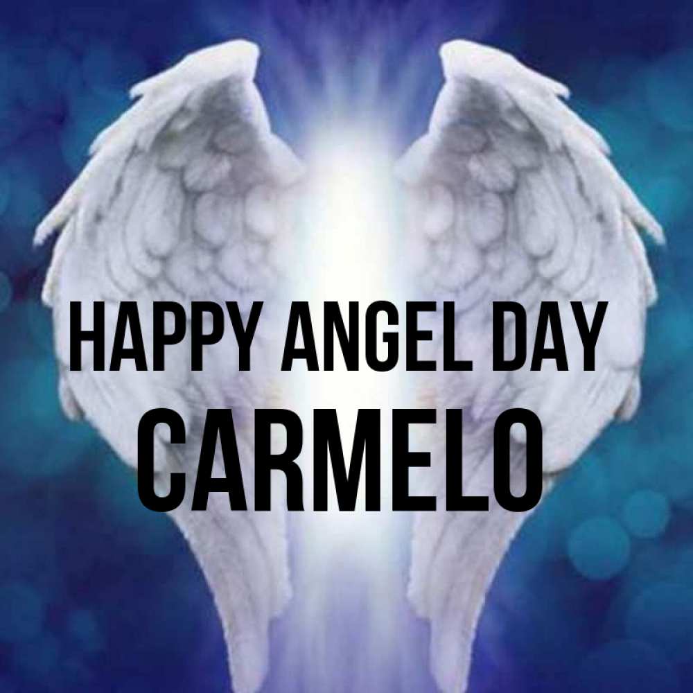 Greetings card с именем, Carmelo happy angel day синий фон и крылышки Greetings with text for free download 