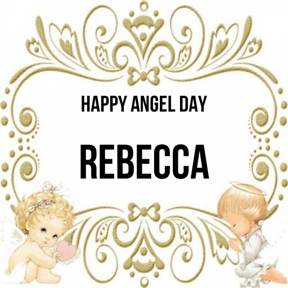 Greetings card с именем, Rebecca happy angel day с именинами поздравляют два красивых ангела. Один с сердечком другой молится Greetings with text for free download 