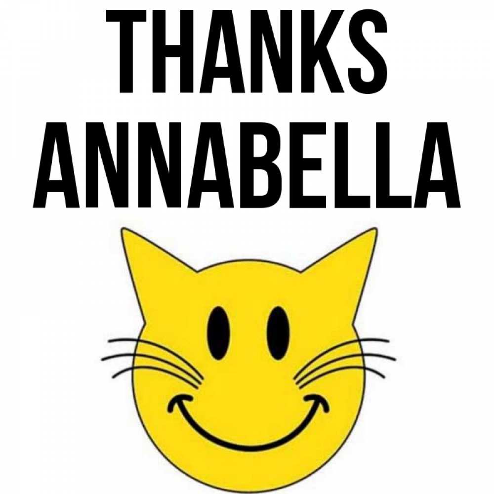 Greetings card с именем, Annabella Thanks улыбающийся смайл кот Greetings with text for free download 