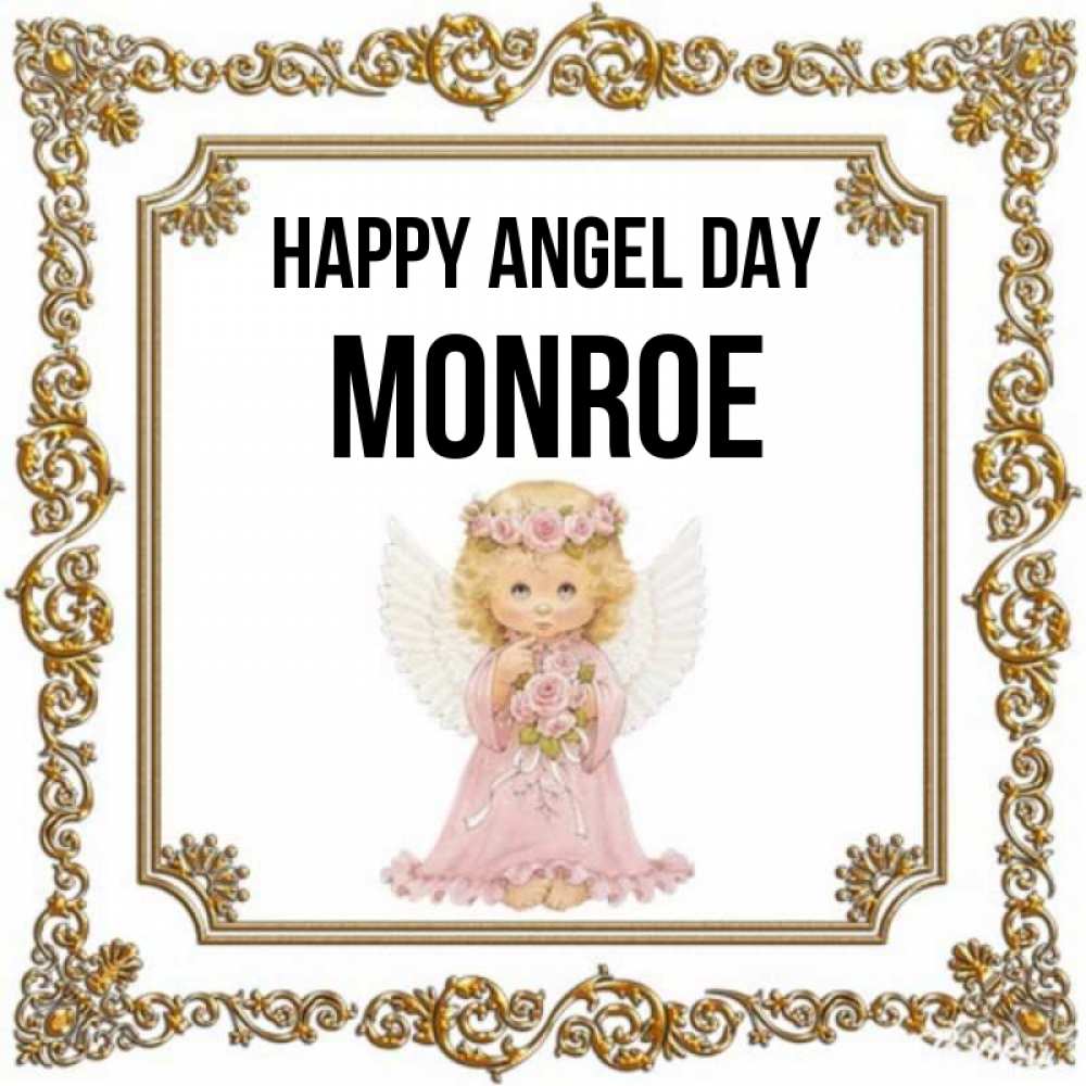 Greetings card с именем, Monroe happy angel day девочка ангел с крыльями и цветами в розовом платье Greetings with text for free download 