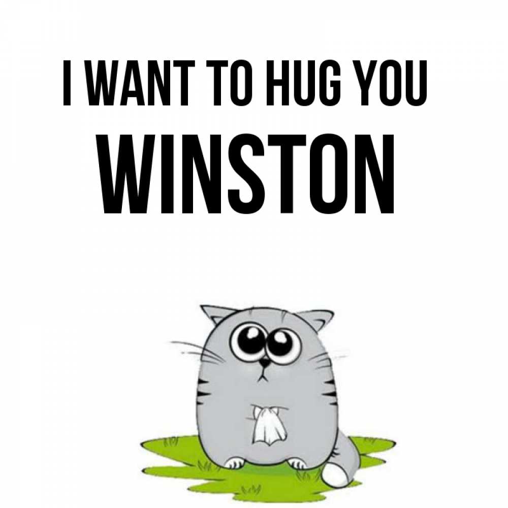 Greetings card с именем, Winston I want to hug you котик теребит платочек сидя на травке Greetings with text for free download 