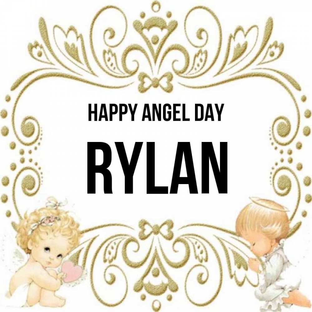 Greetings card с именем, Rylan happy angel day с именинами поздравляют два красивых ангела. Один с сердечком другой молится Greetings with text for free download 