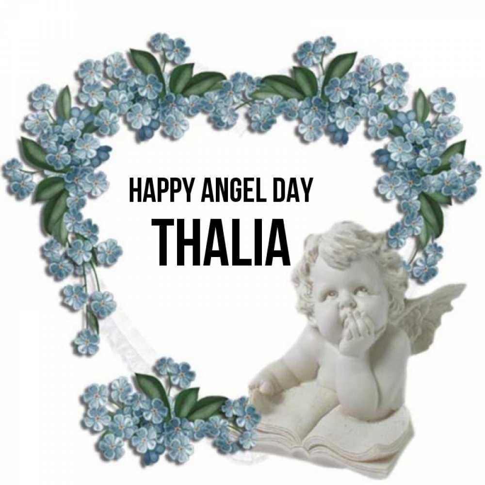 Greetings card с именем, Thalia happy angel day голубые цветы и мраморный ангел Greetings with text for free download 