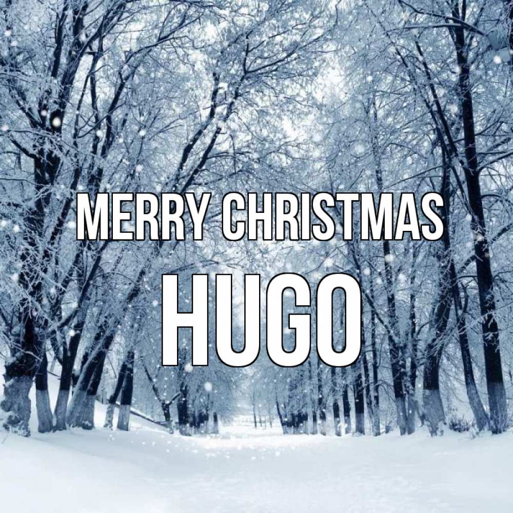 Greetings card с именем, Hugo Merry Christmas снег, лес, парк Greetings with text for free download 