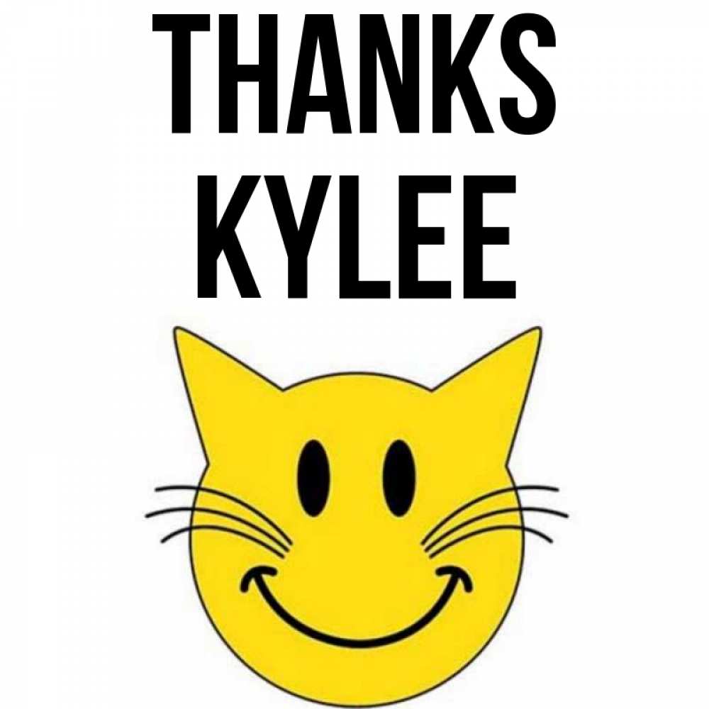 Greetings card с именем, Kylee Thanks улыбающийся смайл кот Greetings with text for free download 