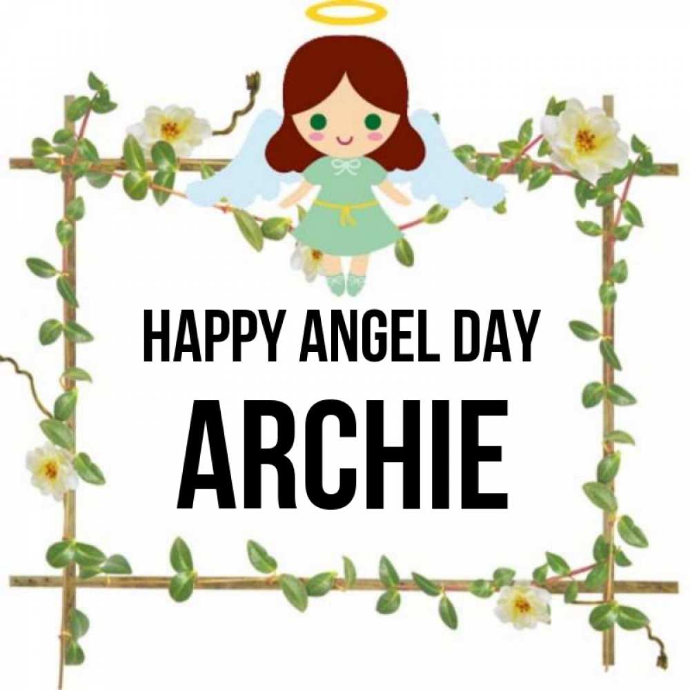 Greetings card с именем, Archie happy angel day Ангел с нимбом Greetings with text for free download 