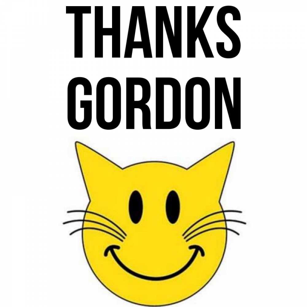 Greetings card с именем, Gordon Thanks улыбающийся смайл кот Greetings with text for free download 