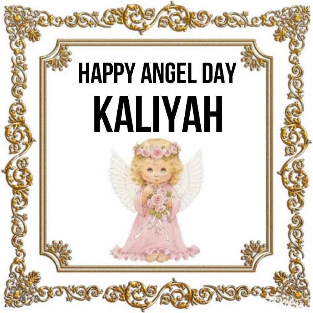 Greetings card с именем, Kaliyah happy angel day девочка ангел с крыльями и цветами в розовом платье Greetings with text for free download 