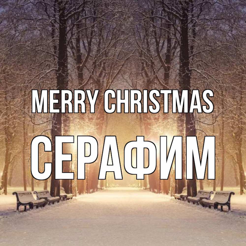 Greetings card с именем, Серафим Merry Christmas зима, парк, фонарь, лес Greetings with text for free download 