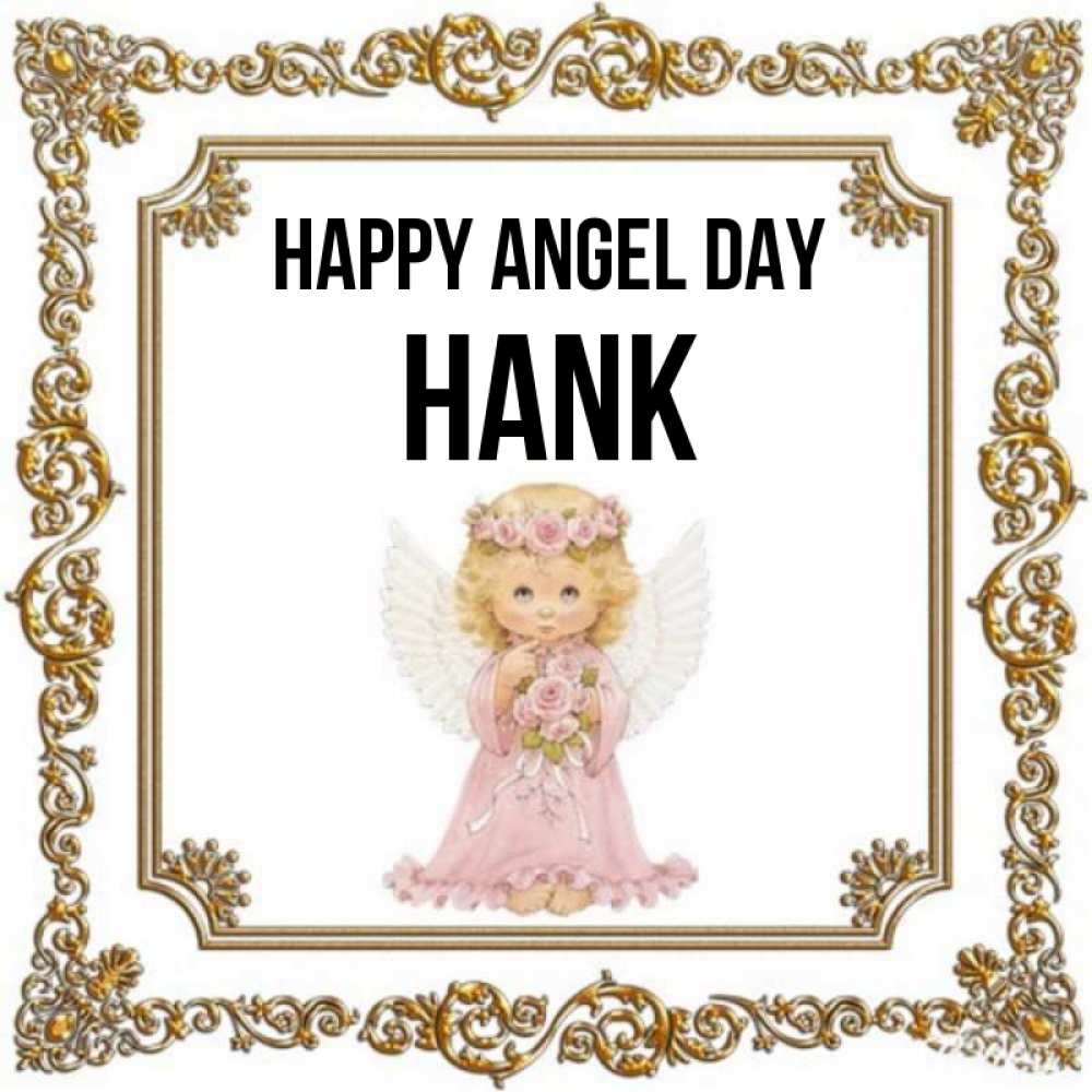 Greetings card с именем, Hank happy angel day девочка ангел с крыльями и цветами в розовом платье Greetings with text for free download 
