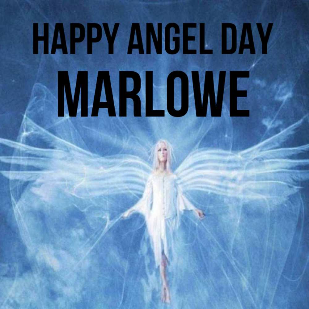 Greetings card с именем, Marlowe happy angel day голубой фон и крылья как у стрекозы Greetings with text for free download 