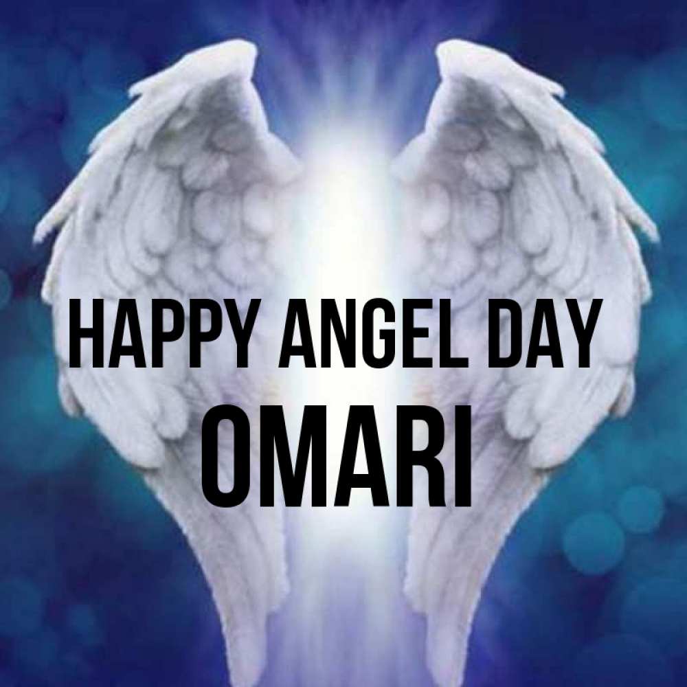 Greetings card с именем, Omari happy angel day синий фон и крылышки Greetings with text for free download 