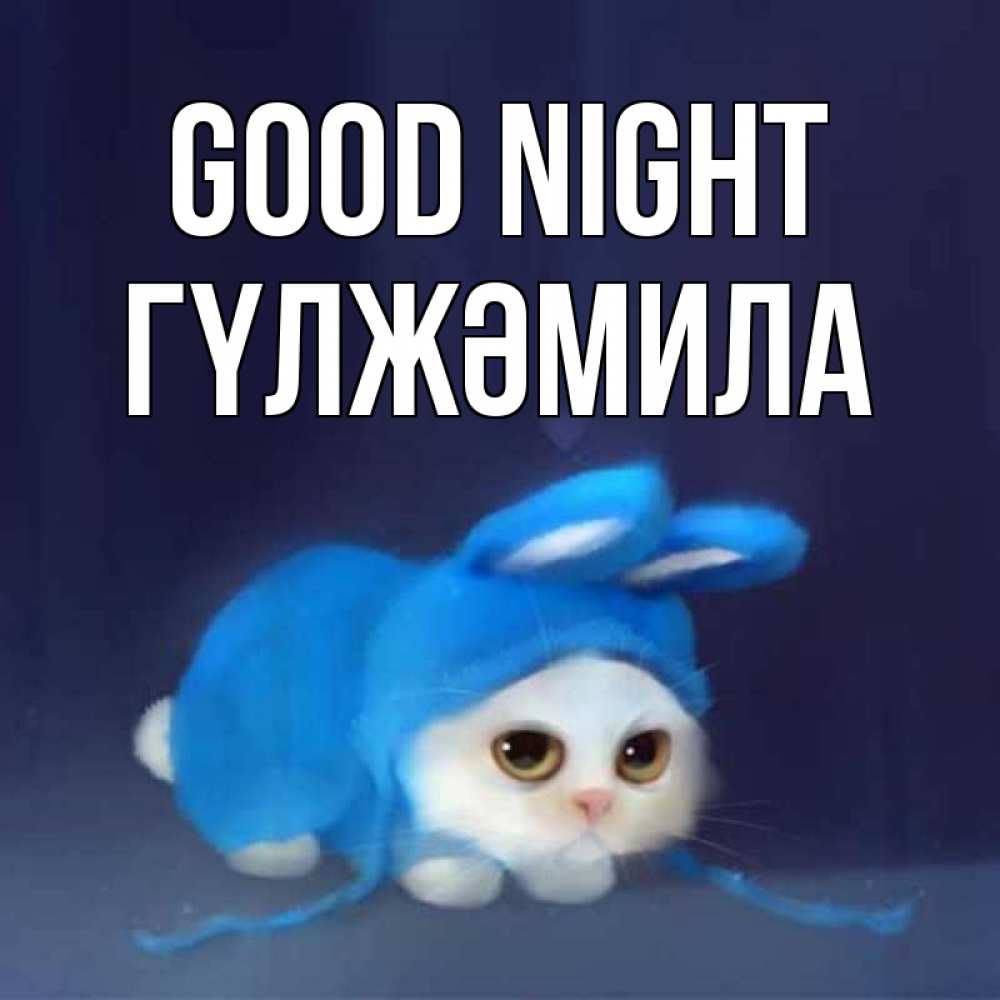 Greetings card с именем, ГҮЛЖӘМИЛА Good night кот в голубом костюме кролика с ушками Greetings with text for free download 