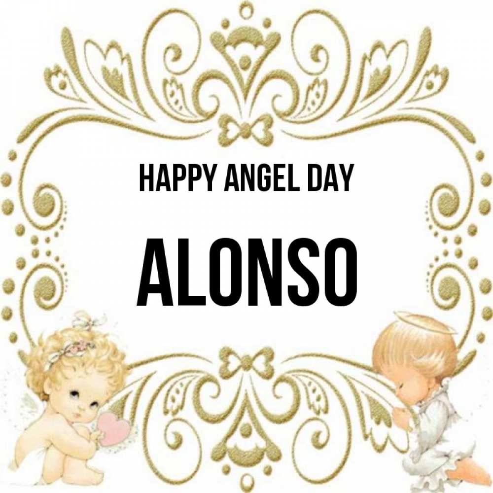Greetings card с именем, Alonso happy angel day с именинами поздравляют два красивых ангела. Один с сердечком другой молится Greetings with text for free download 
