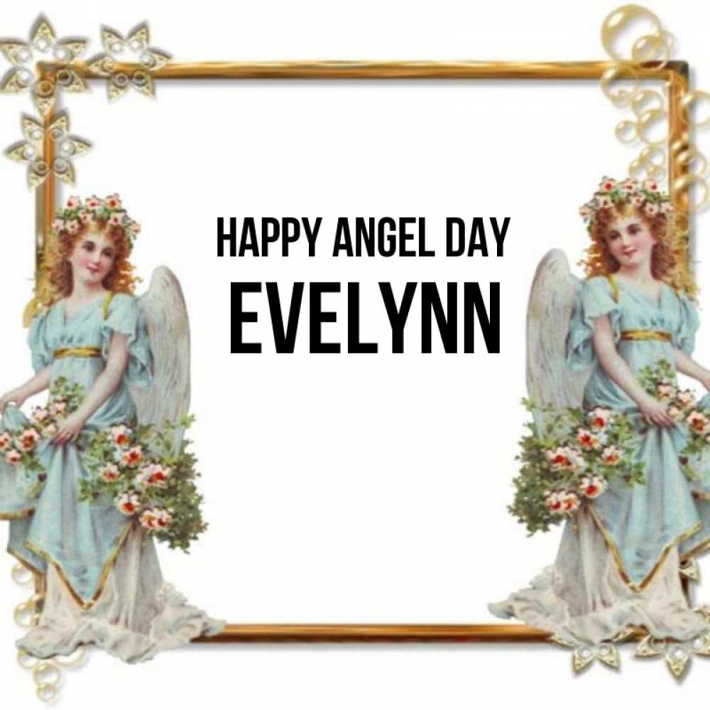 Greetings card с именем, Evelynn happy angel day рамочка из золота и ангелы Greetings with text for free download 