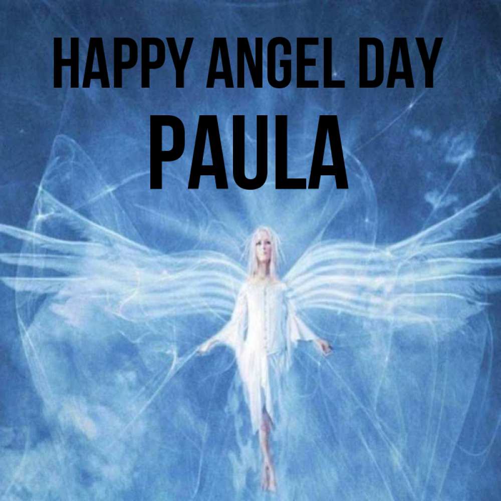 Greetings card с именем, Paula happy angel day голубой фон и крылья как у стрекозы Greetings with text for free download 