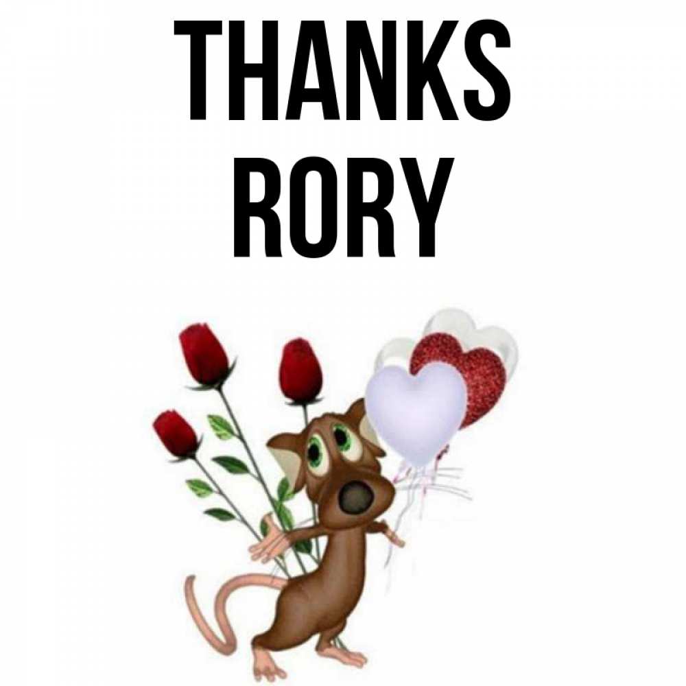 Greetings card с именем, Rory Thanks песик с шариками в форме сердец Greetings with text for free download 