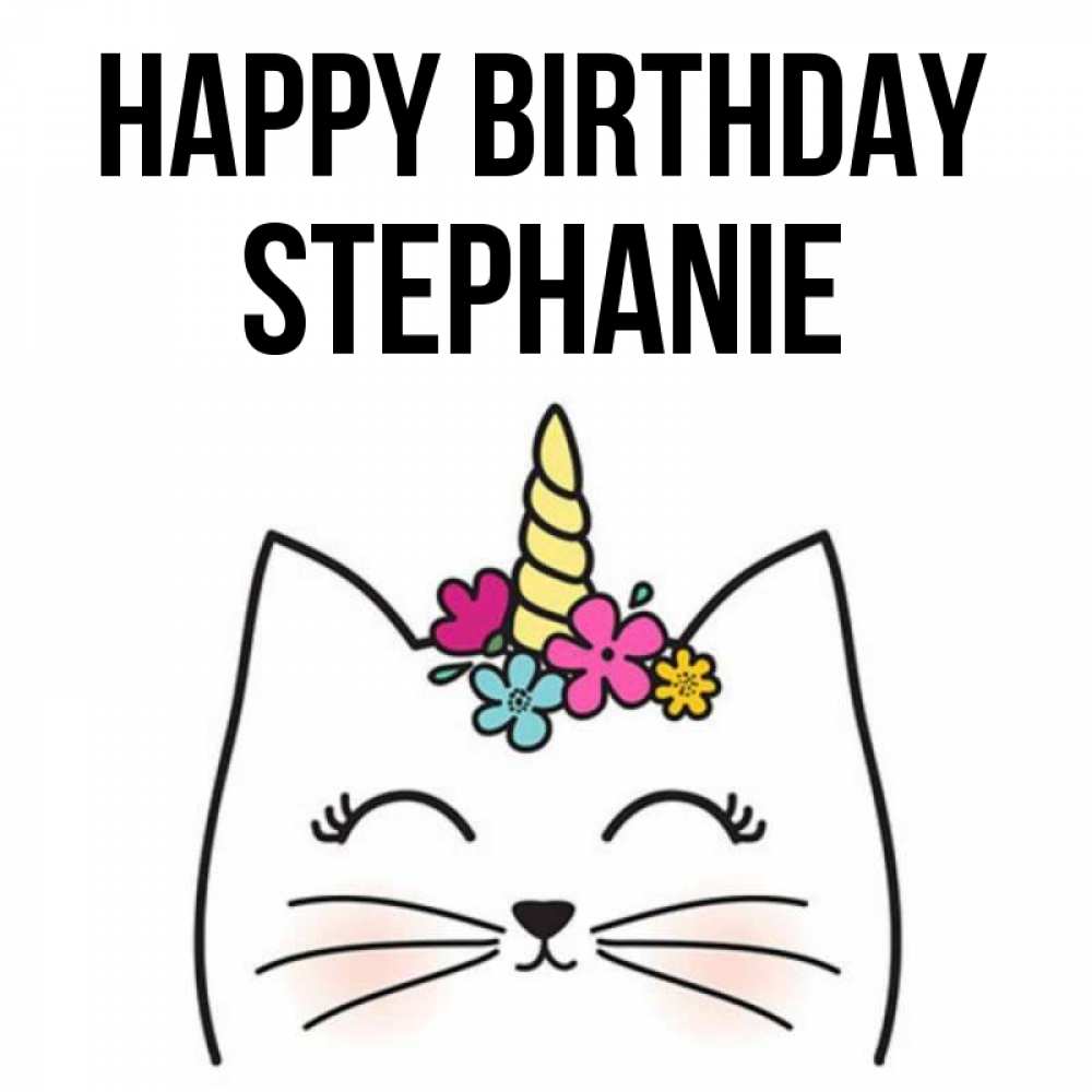Greetings card с именем, Stephanie Happy Birthday милый кот с одним рожком Greetings with text for free download 