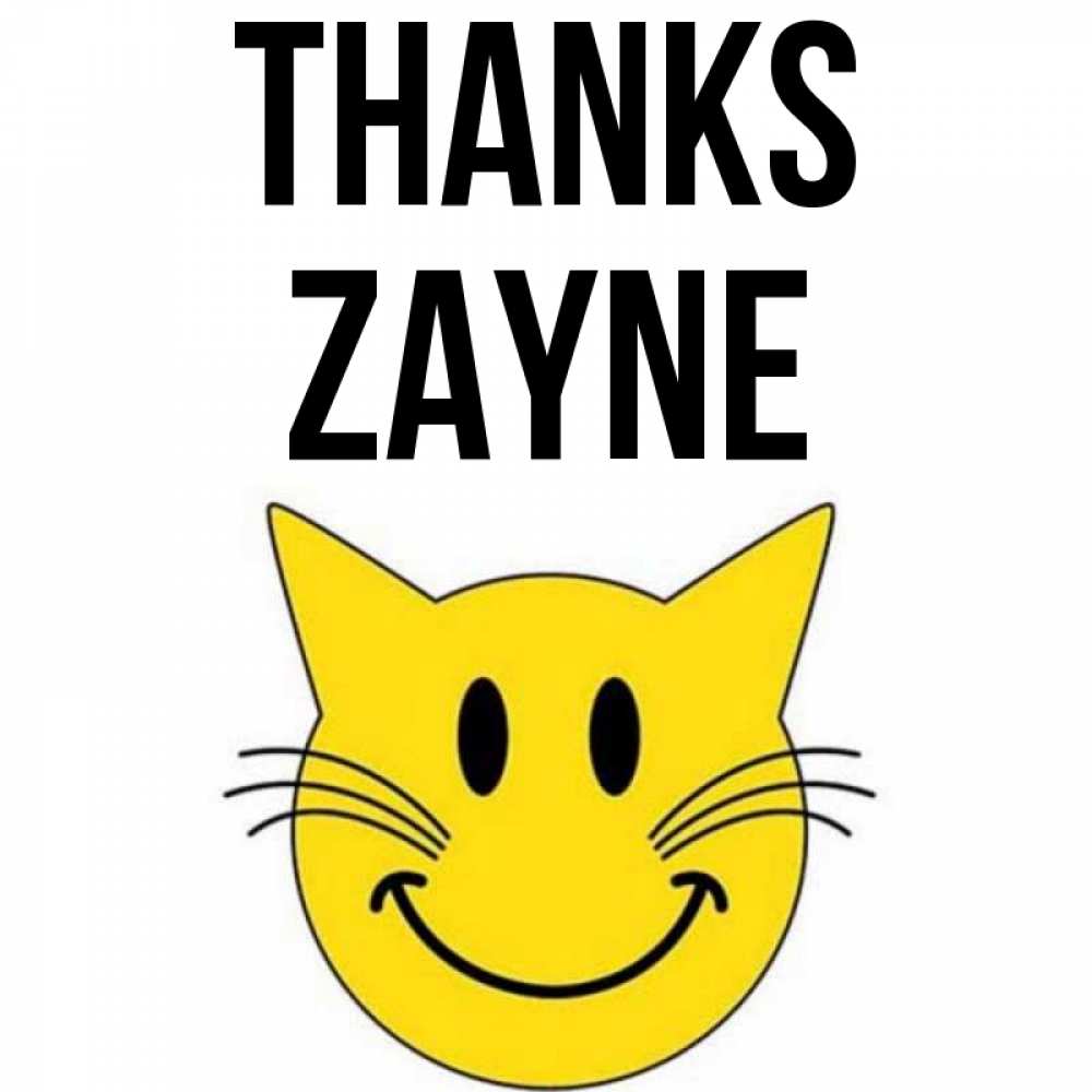 Greetings card с именем, Zayne Thanks улыбающийся смайл кот Greetings with text for free download 