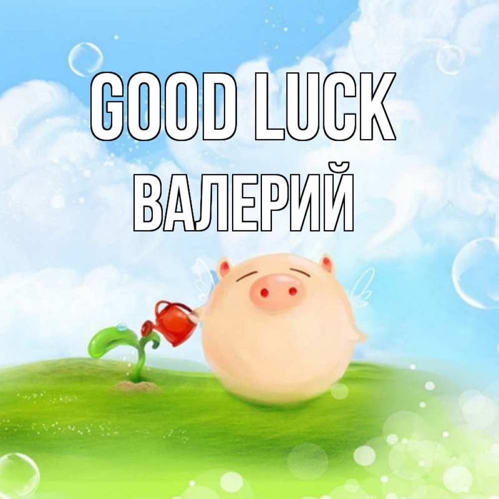 Greetings card с именем, Валерий Good luck поросенок поливает цветок. летнее настроение Greetings with text for free download 