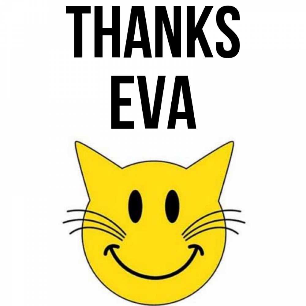 Greetings card с именем, Eva Thanks улыбающийся смайл кот Greetings with text for free download 