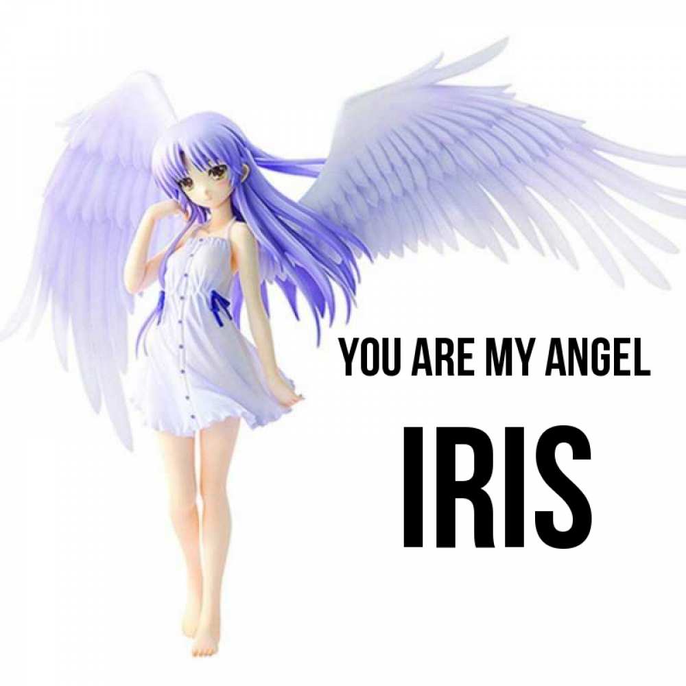 Greetings card с именем, Iris You are my angel девушка ангел с фиолетовыми крыльями Greetings with text for free download 