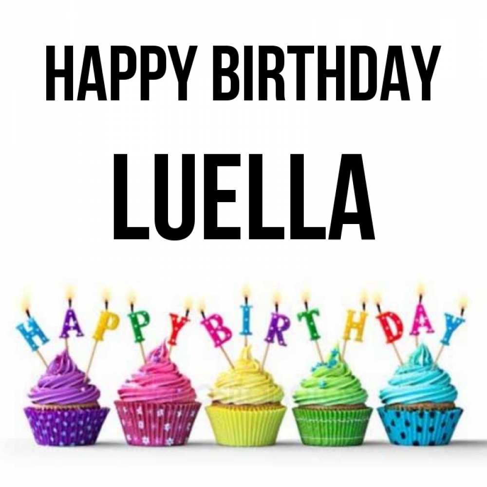 Greetings card с именем, Luella Happy Birthday открытка ко дню рождения с разноцветными вкусняшками Greetings with text for free download 
