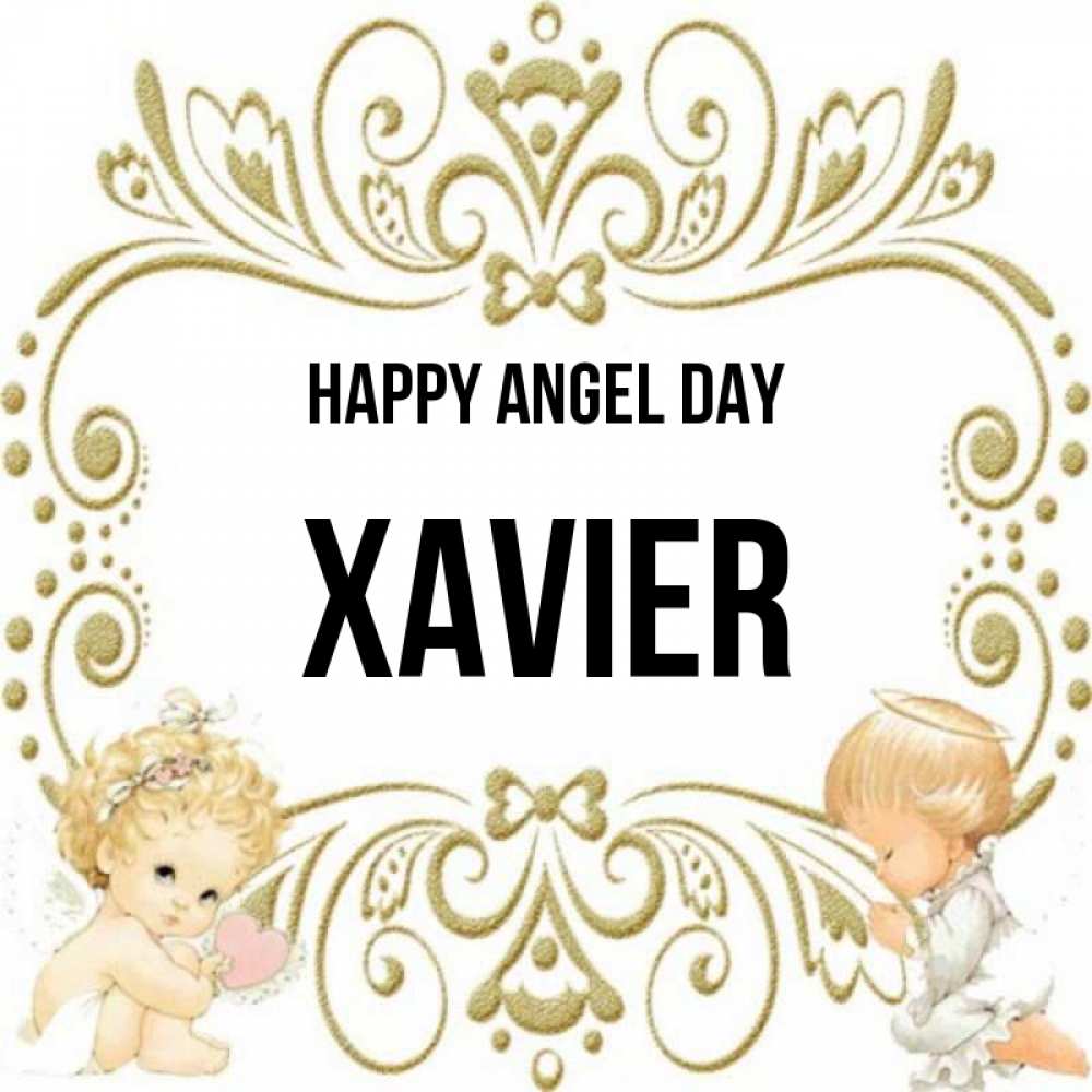 Greetings card с именем, Xavier happy angel day с именинами поздравляют два красивых ангела. Один с сердечком другой молится Greetings with text for free download 