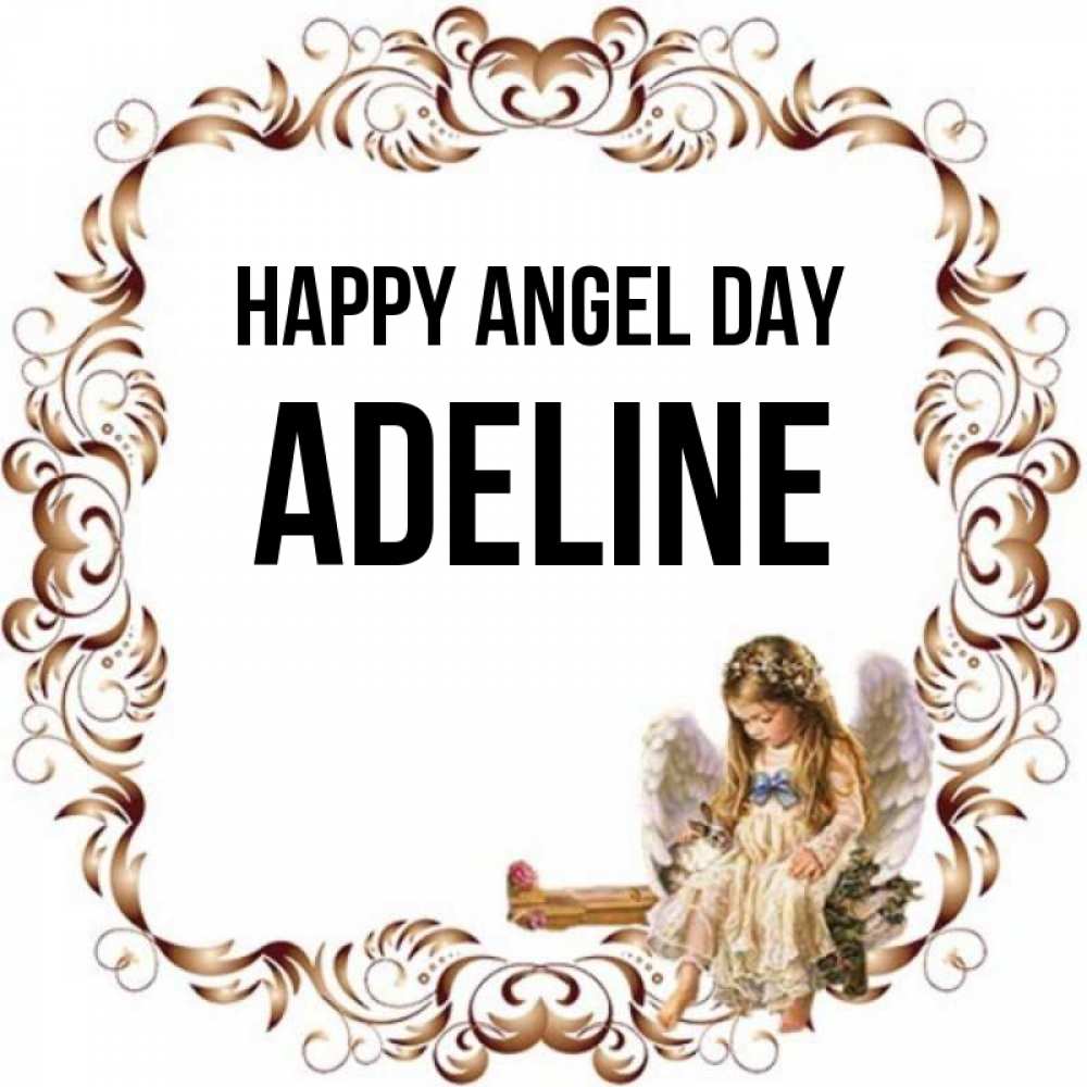 Greetings card с именем, Adeline happy angel day рамочка из перьев и ангелочек Greetings with text for free download 