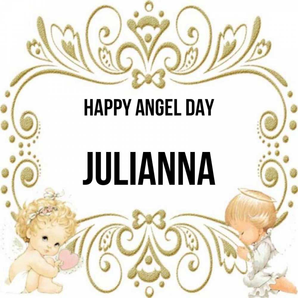Greetings card с именем, Julianna happy angel day с именинами поздравляют два красивых ангела. Один с сердечком другой молится Greetings with text for free download 