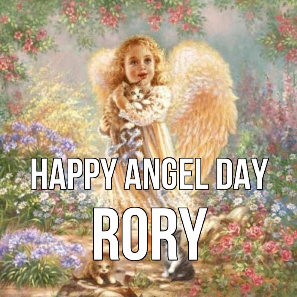 Greetings card с именем, Rory happy angel day держит котенка Greetings with text for free download 