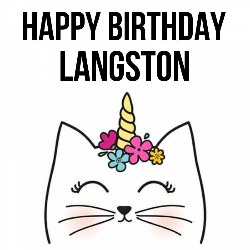 Greetings card с именем, Langston Happy Birthday милый кот с одним рожком Greetings with text for free download 