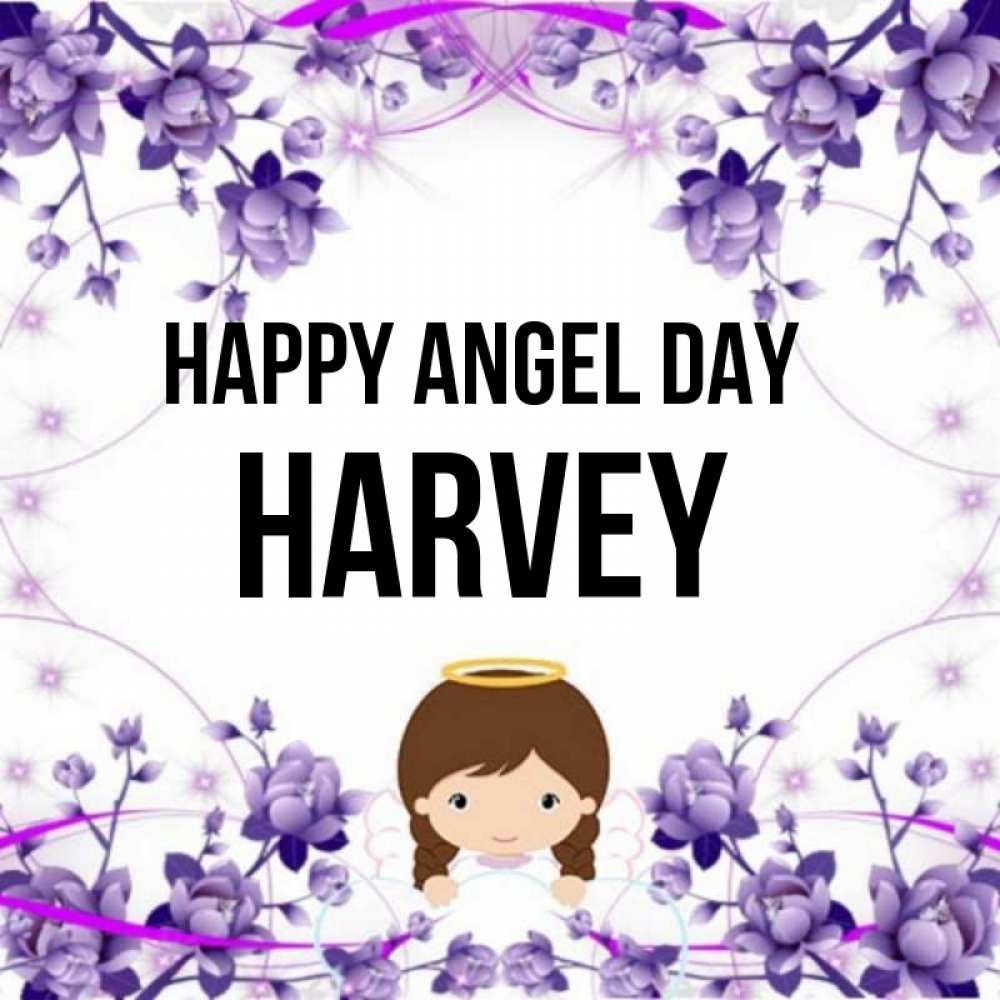 Greetings card с именем, Harvey happy angel day с именинами в рамочке Greetings with text for free download 