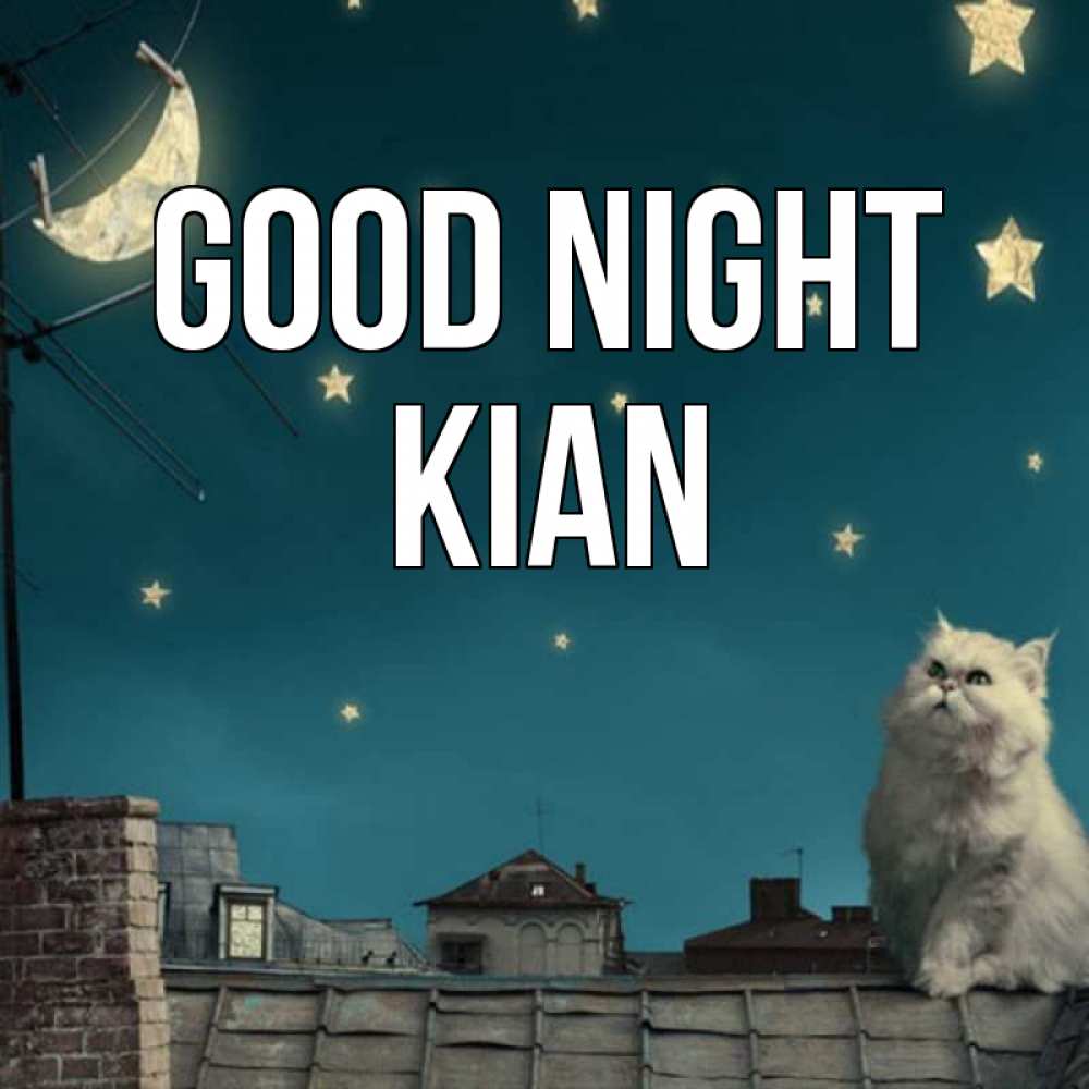 Greetings card с именем, Kian Good night белый кот сидит на крыше Greetings with text for free download 